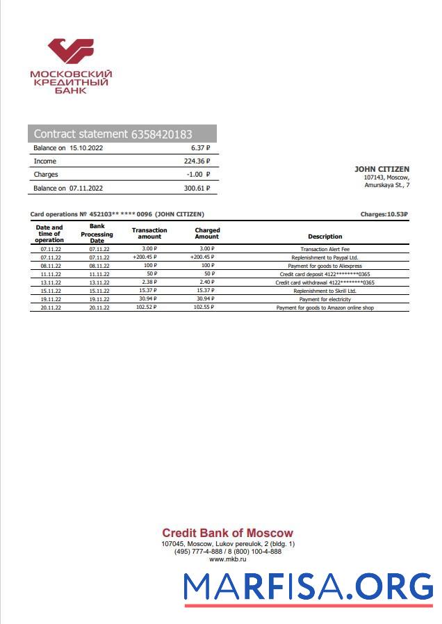 Realistic Russia Credit Bank of Moscow bank statement word download for verification